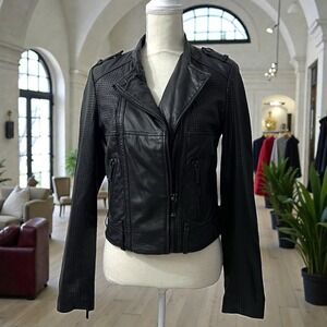 Michael Kors Black Leather Perforated Moto Biker Jacket Small Zip Up Epaulettes